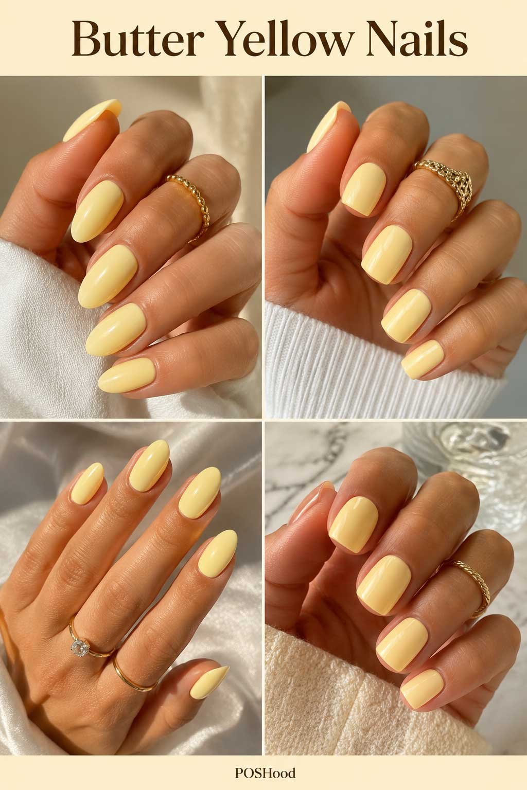 Butter Yellow Nails: Glossy butter yellow summer nails with pastel polish on almond-shaped nails for bright summer nail ideas.