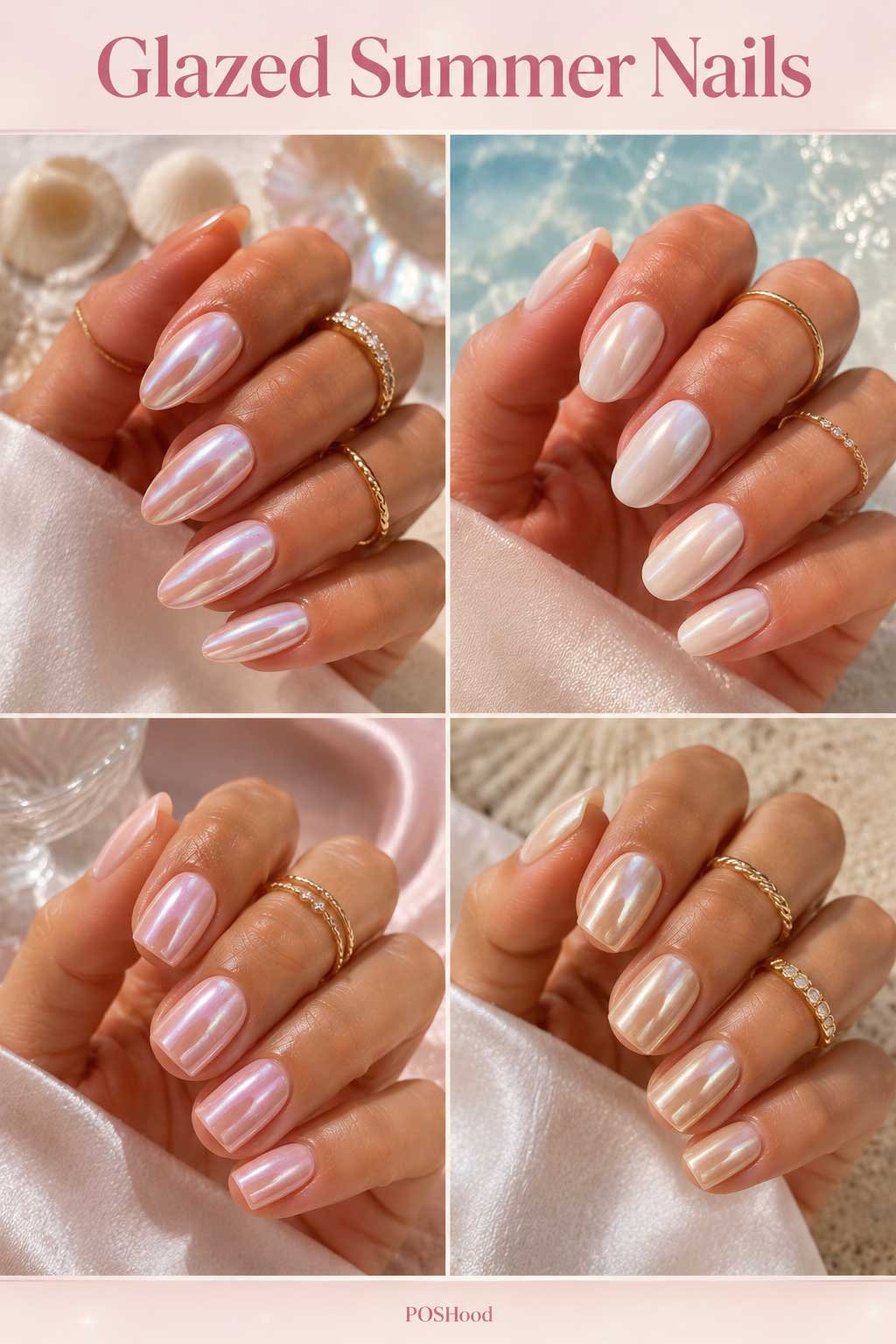Glazed Summer Nails: Pearly glazed summer nails with chrome shine and glossy almond-shaped manicure.