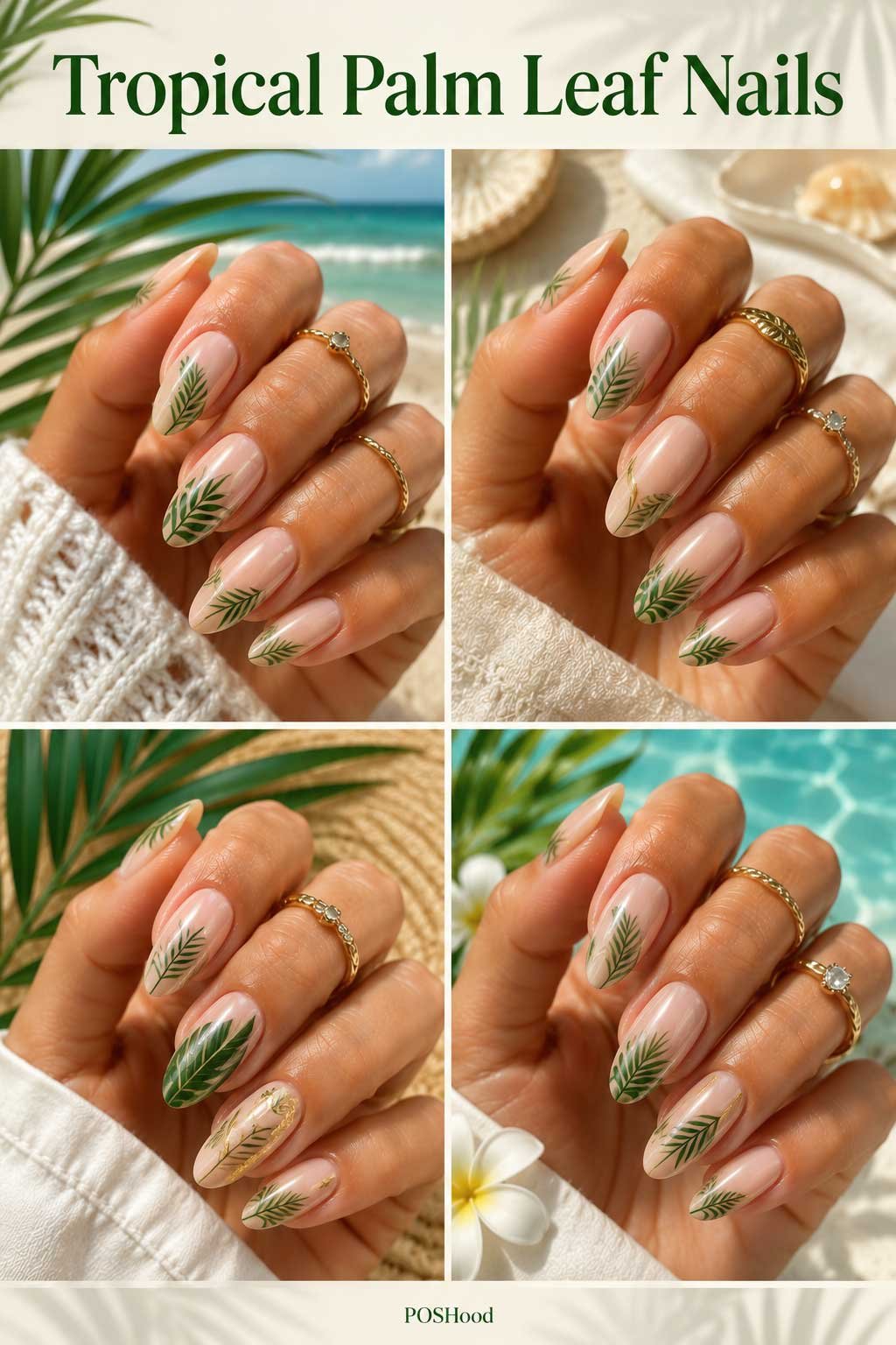 Tropical Palm Leaf Nails: Tropical palm leaf nail art on glossy nude nails with vibrant summer-inspired green accents.