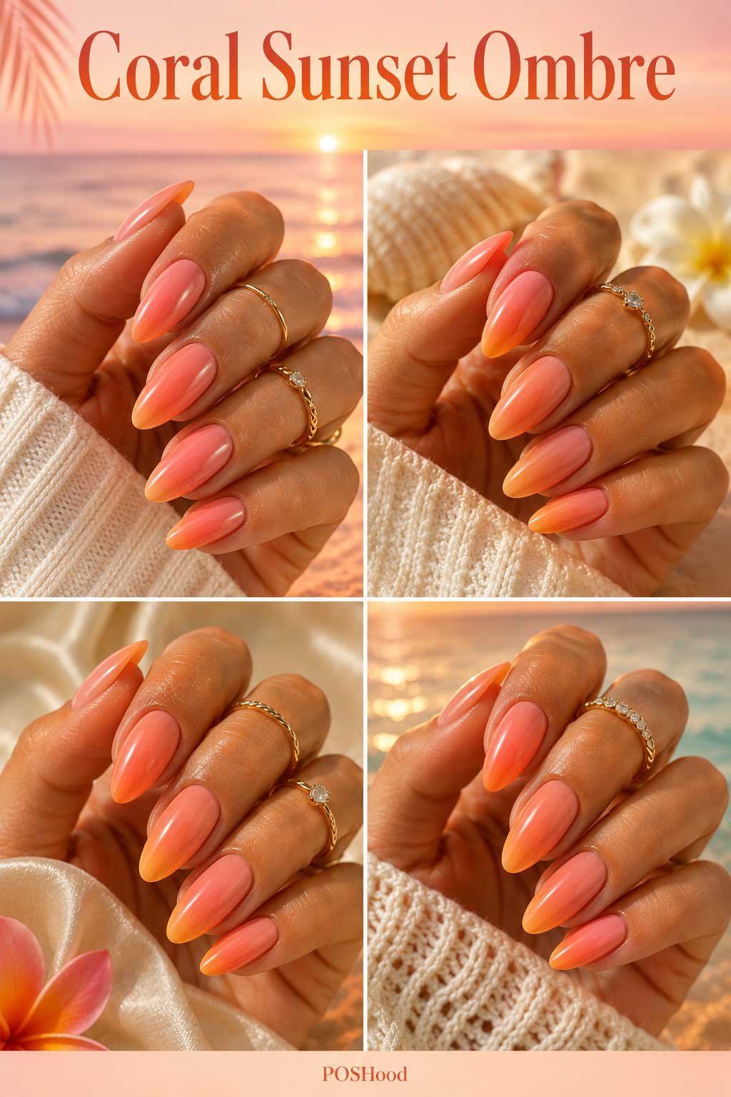 Coral Sunset Ombre: Coral sunset ombre nails blending peach, orange, and pink shades in a glossy summer manicure.