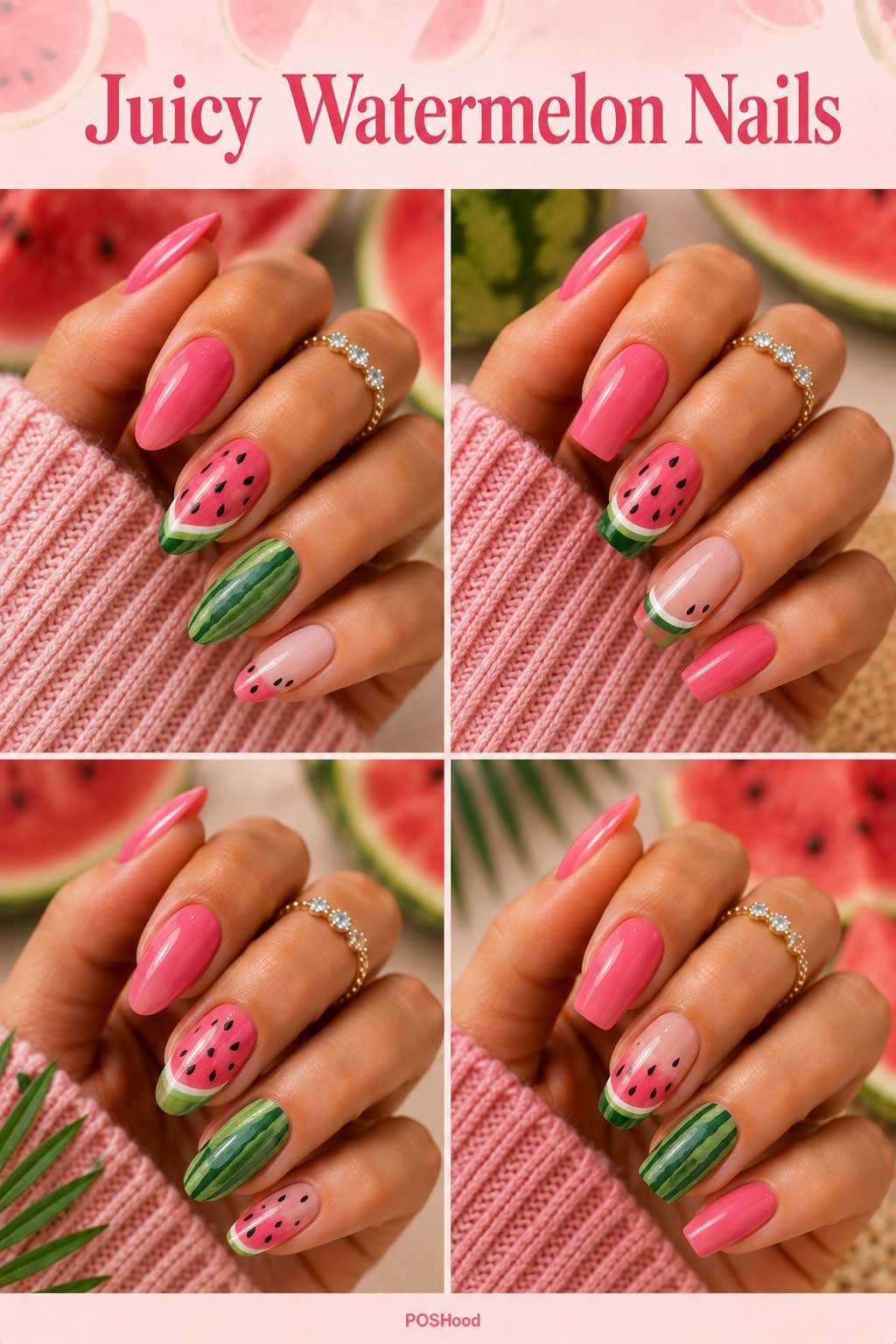 Juicy Watermelon Nails: Juicy watermelon nails featuring pink polish, green tips, and tiny black seed details.