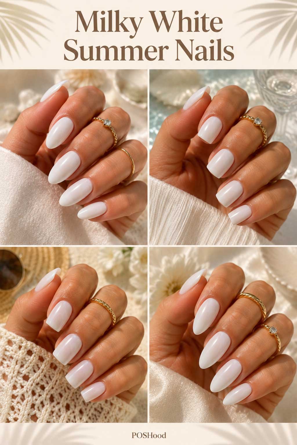 Milky White Summer Nails: Glossy milky white summer nails with creamy minimalist manicure on almond nails.