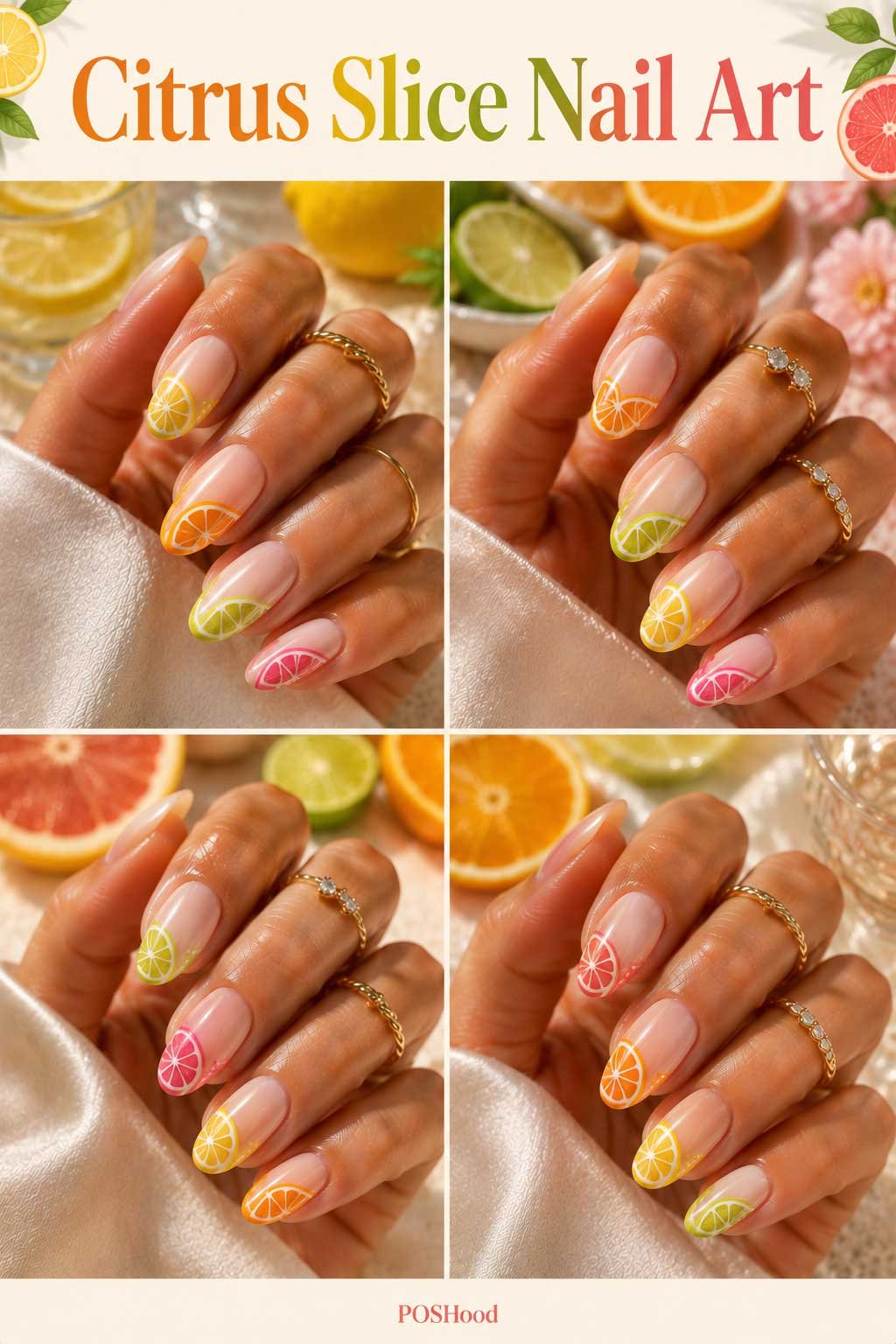 Citrus Slice Nail Art: Citrus slice nail art with lemon, lime, and orange fruit designs on glossy nude nails.