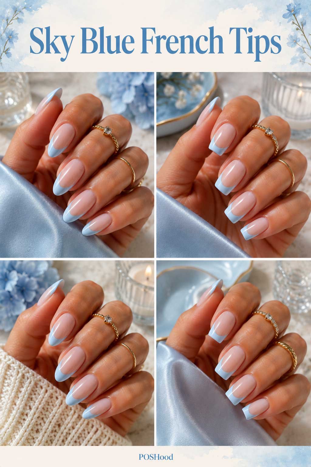 Sky Blue French Tips: Sky blue French tip nails with glossy nude base and pastel blue tips for elegant summer nails.