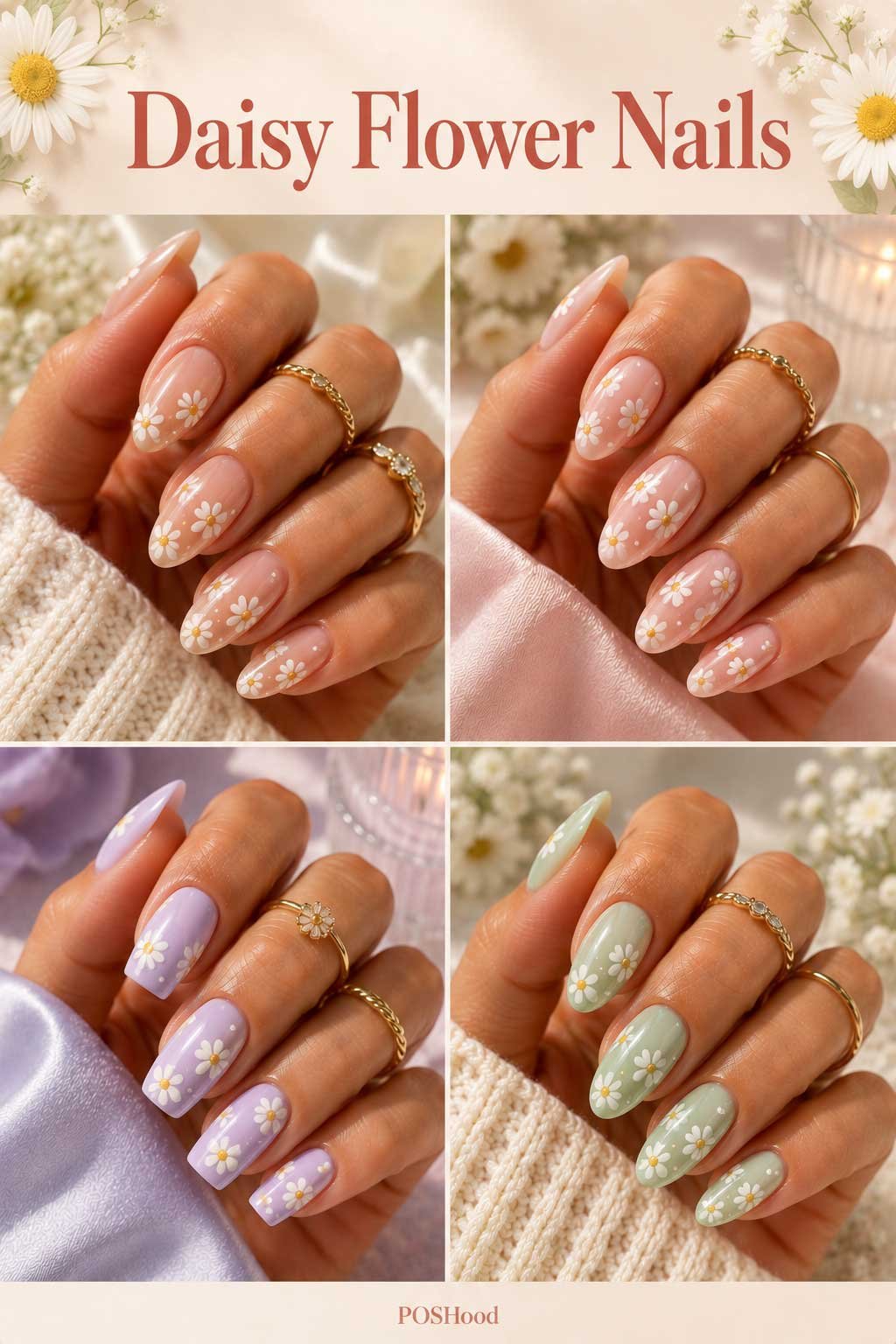 Daisy flower nails with white floral nail art on glossy nude nails for fresh summer nail ideas.