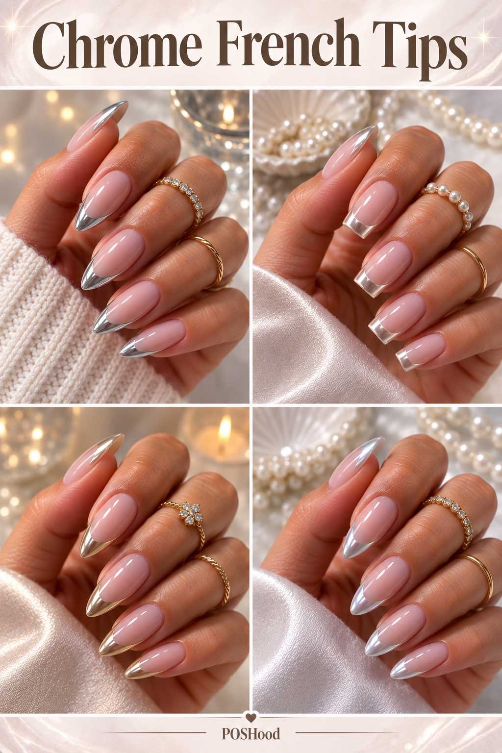 Chrome French tip nails with metallic silver accents and glossy nude base for elegant summer nail ideas.