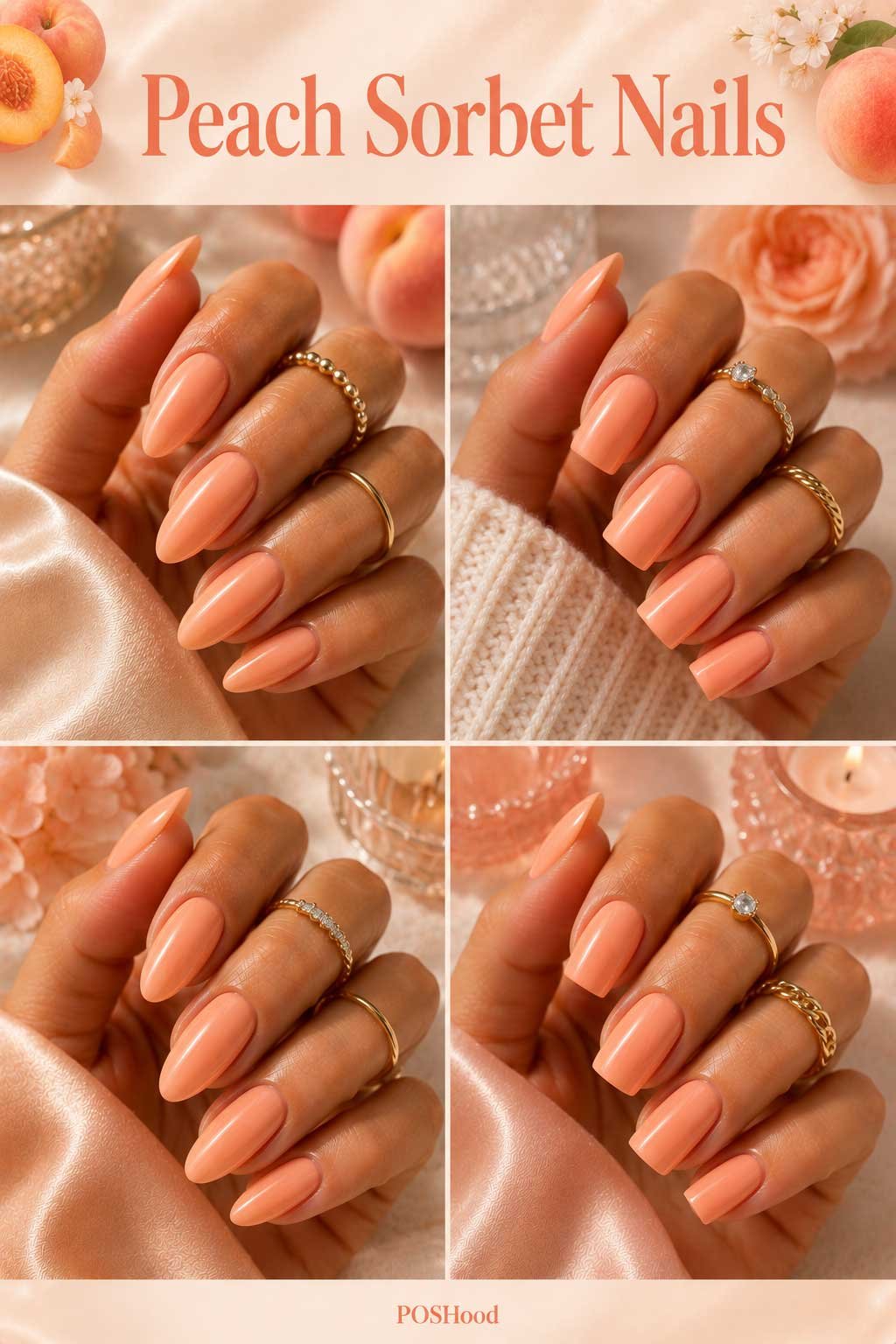 Peach sorbet nails with soft peach glossy polish on almond-shaped nails for chic summer nail ideas.