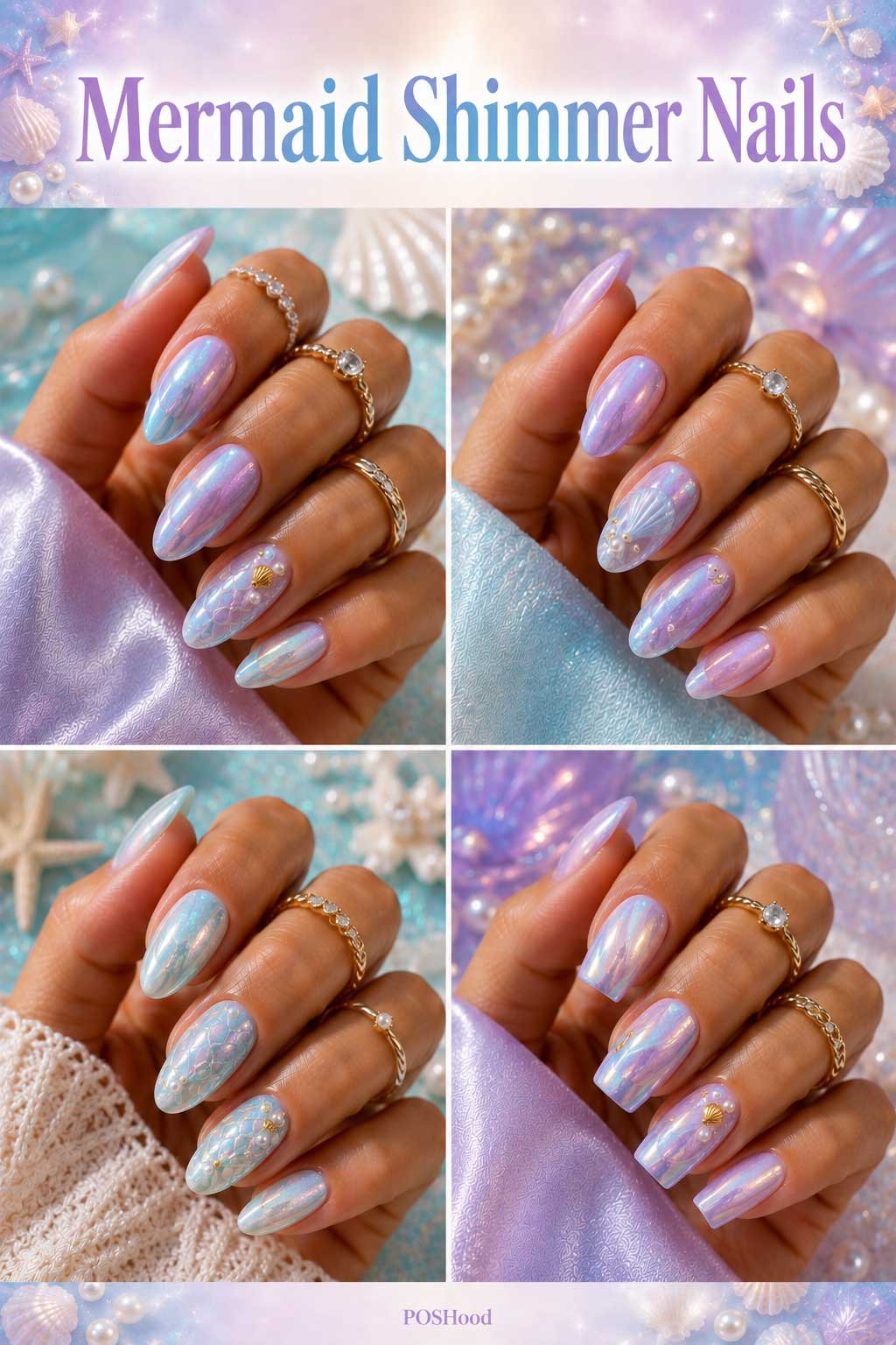 Mermaid shimmer nails with iridescent pearl finish and ocean-inspired glossy manicure.
