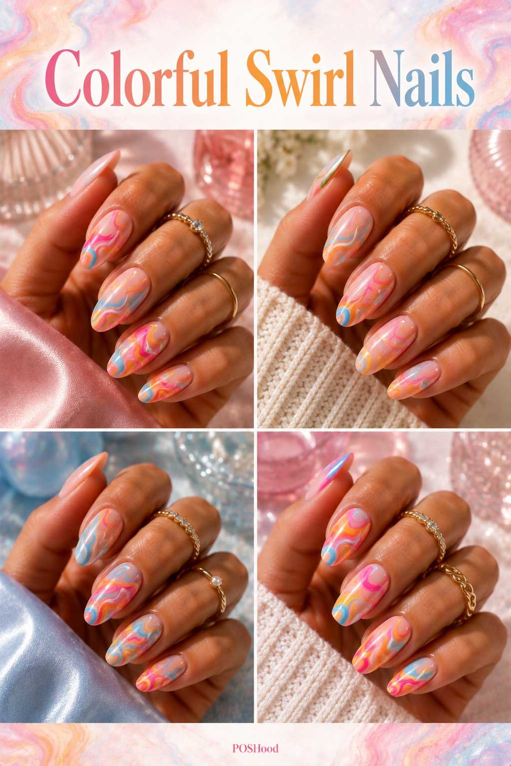 Colorful swirl nails with vibrant pink, blue, yellow, and orange abstract designs on glossy nails.