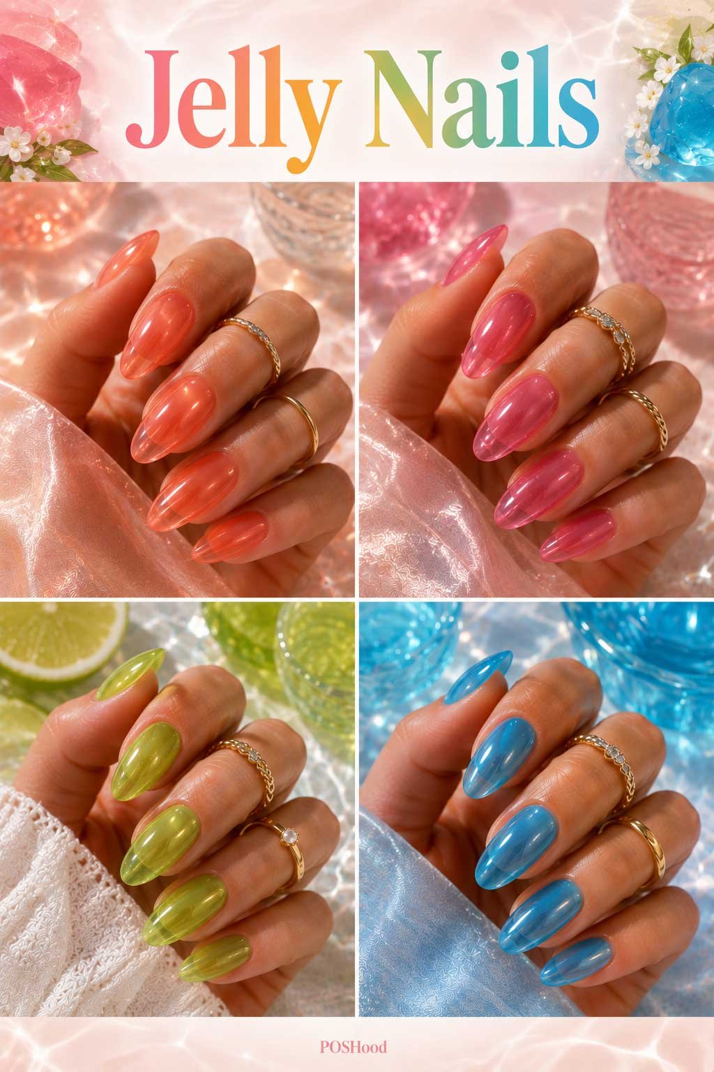 Glossy jelly nails with translucent colorful polish for trendy summer nail ideas.