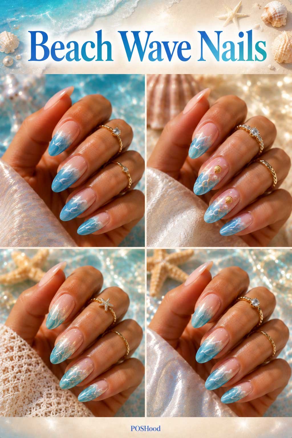 Beach wave nails with blue ocean wave nail art on glossy nude manicure for summer.
