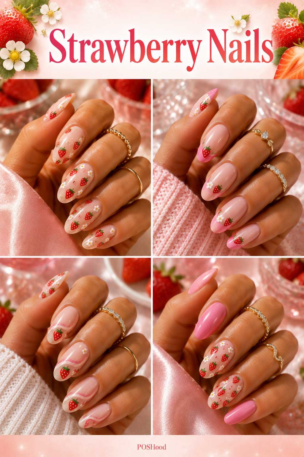 Strawberry nails with red fruit nail art and tiny green leaf details on glossy nude nails.