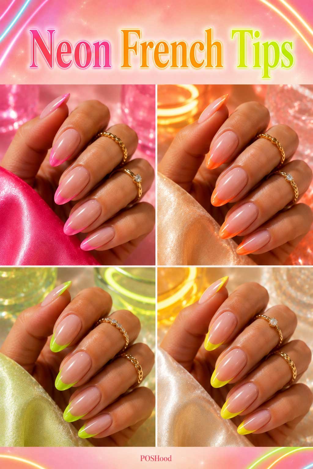 Neon French tip nails with bright pink, orange, yellow, and green tips on glossy nude nails.