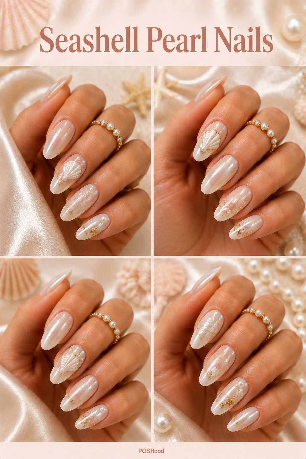 Seashell pearl nails with pearly ivory polish, shell textures, and pearl accents on glossy almond-shaped nails.