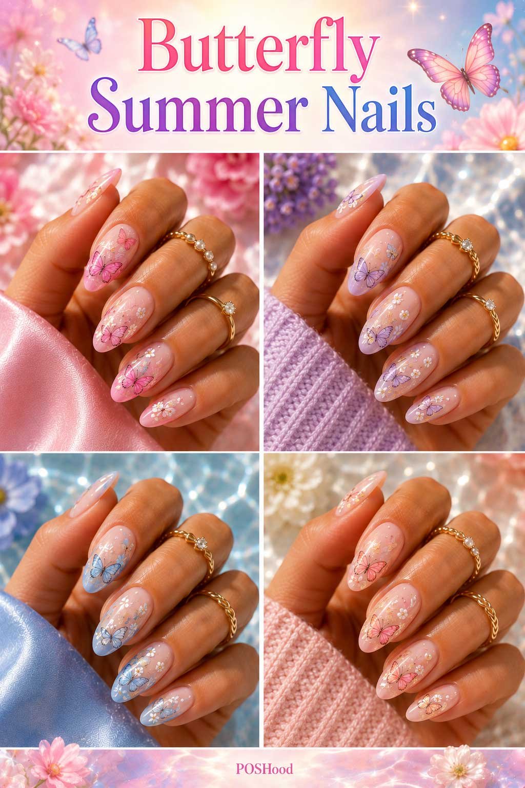 Butterfly summer nails with colorful butterfly nail art on glossy pastel almond-shaped nails.