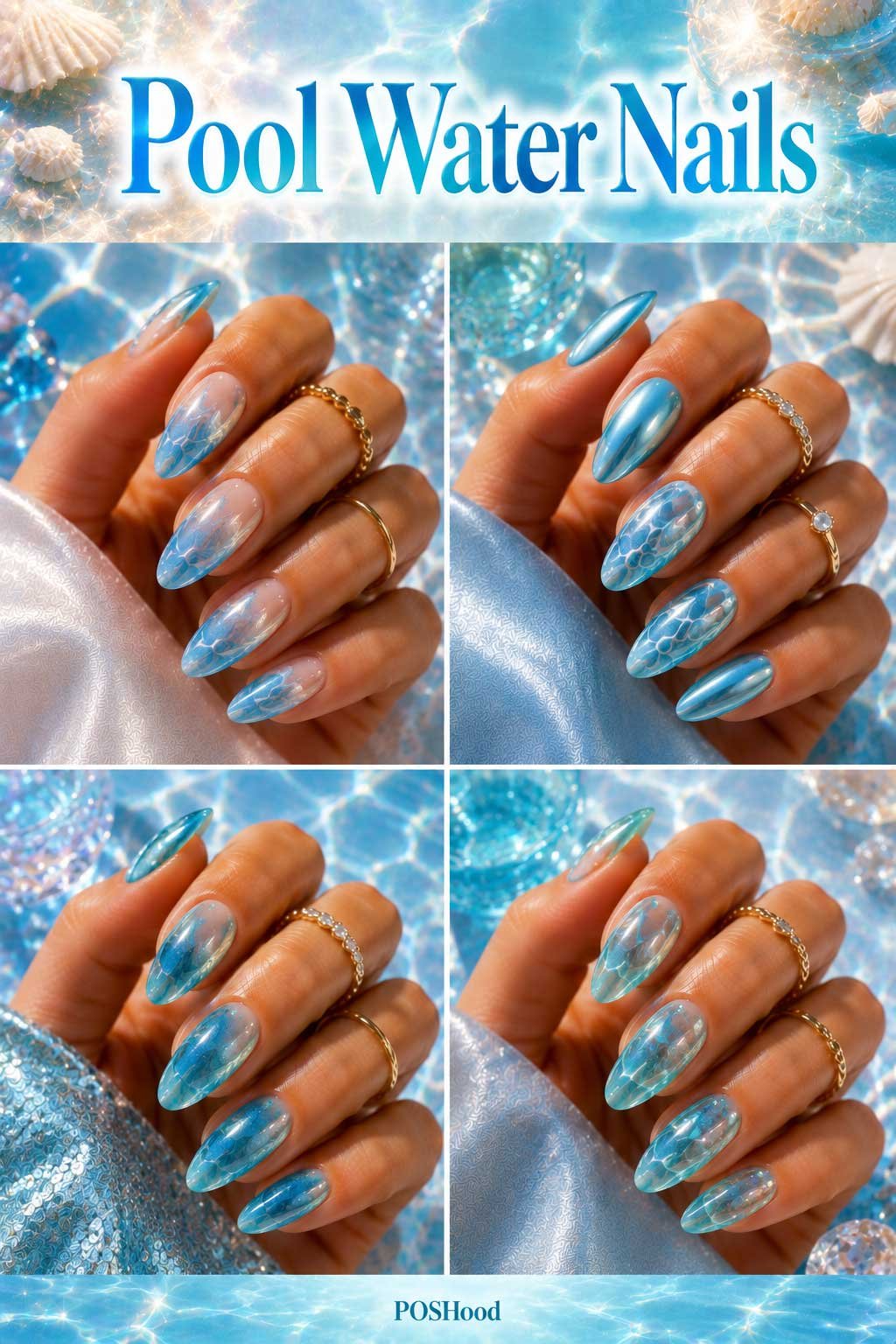 Pool water nails with shimmering blue ripple effect and glossy ocean-inspired manicure.