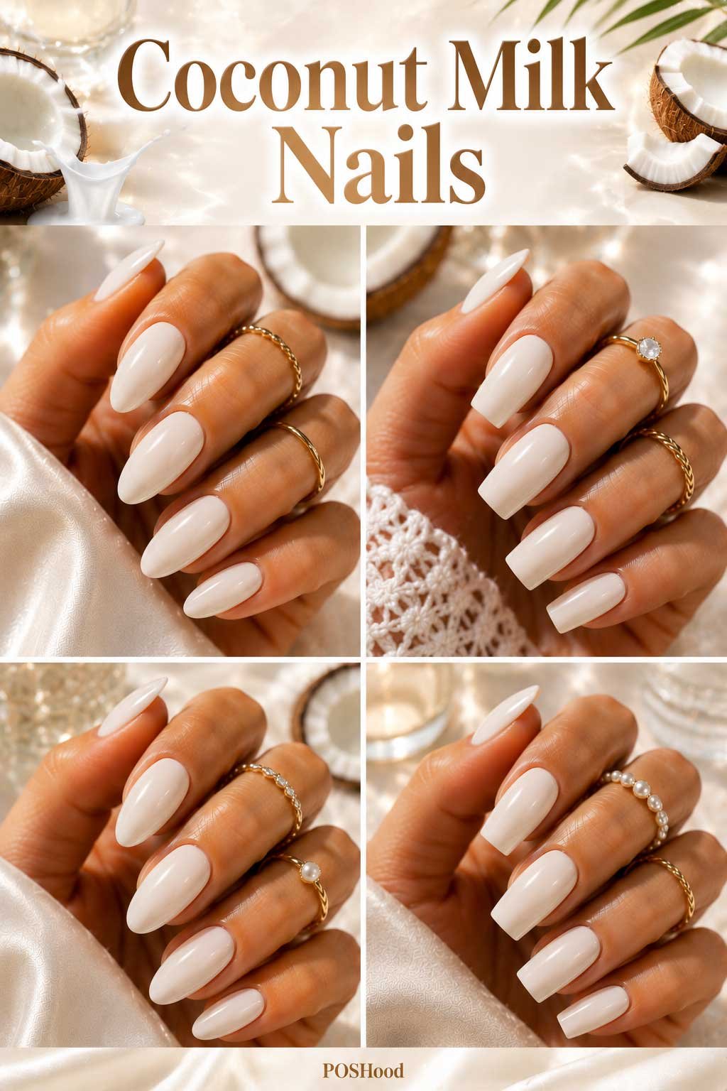 Coconut milk nails with creamy white glossy polish on elegant almond-shaped nails.