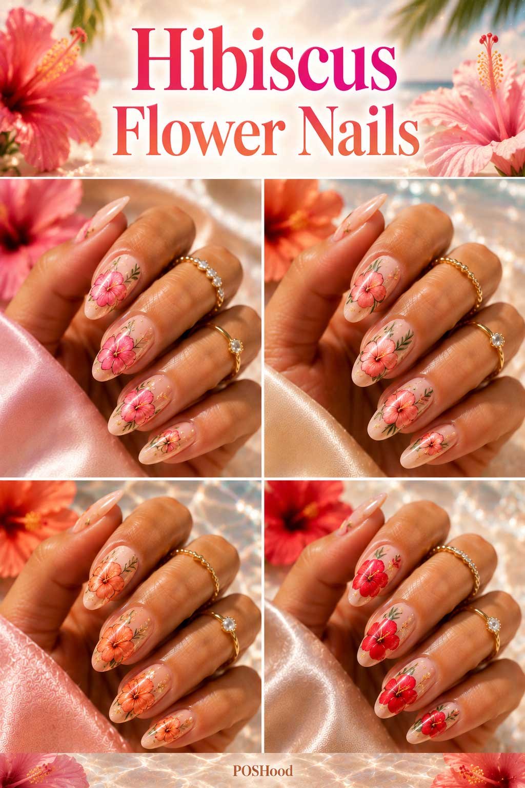 Hibiscus flower nails with tropical pink floral nail art on glossy nude summer nails.