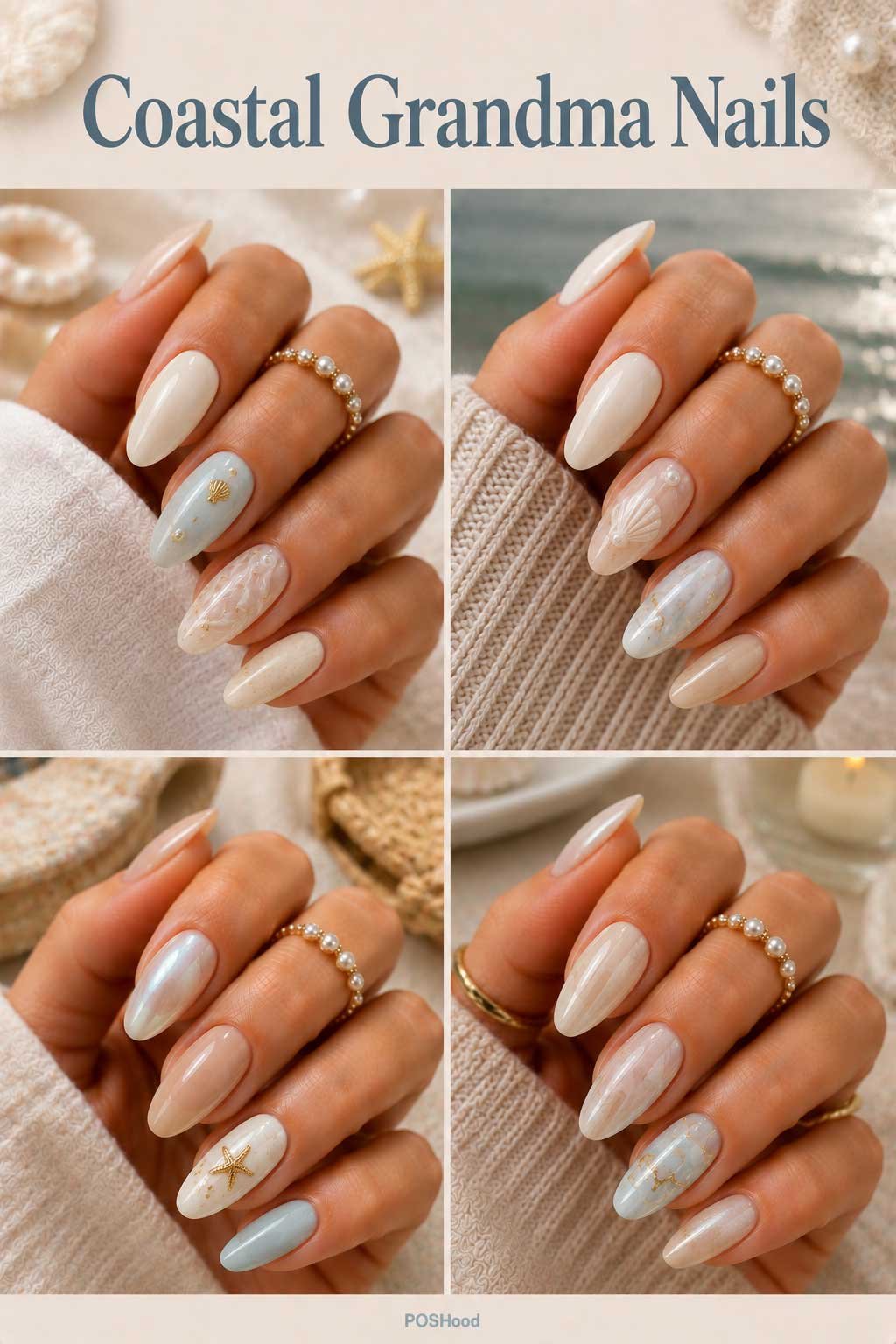 Coastal grandma nails with creamy white, beige, pale blue, and glossy pearl finishes.