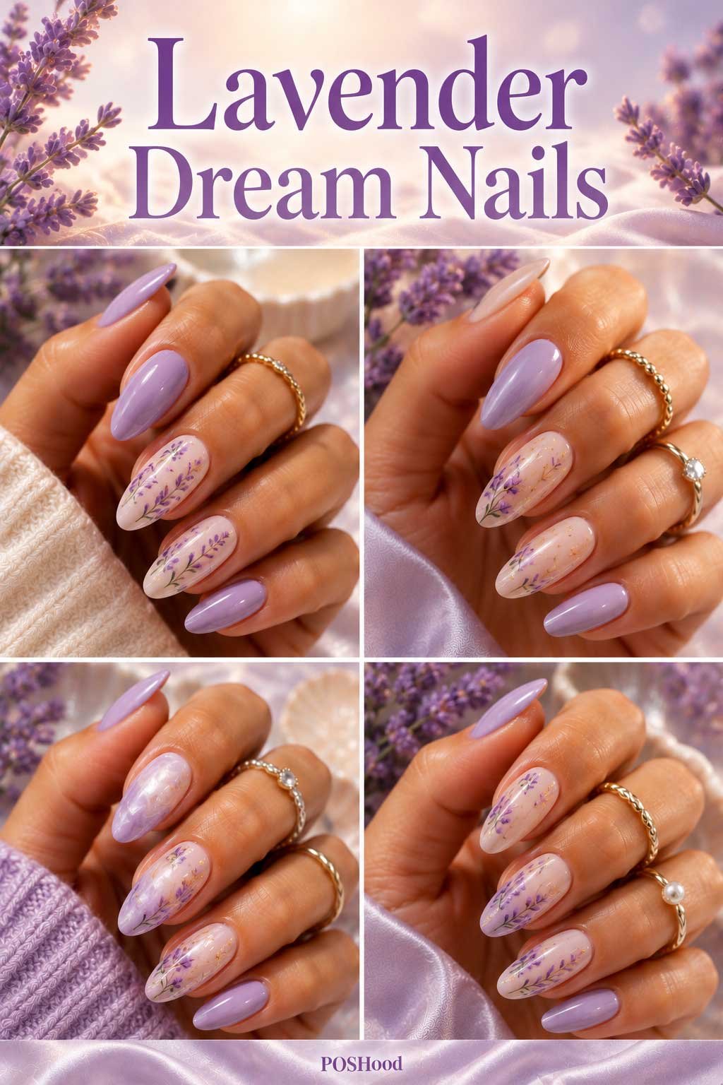 Lavender dream nails with soft lilac glossy polish on almond-shaped summer nails.