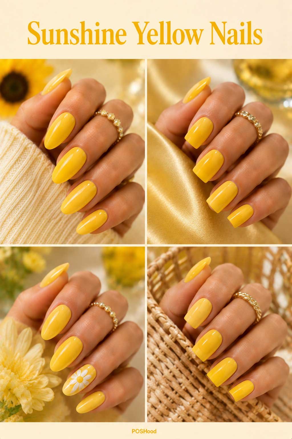 Sunshine yellow nails with bright glossy yellow polish on almond and square nails.