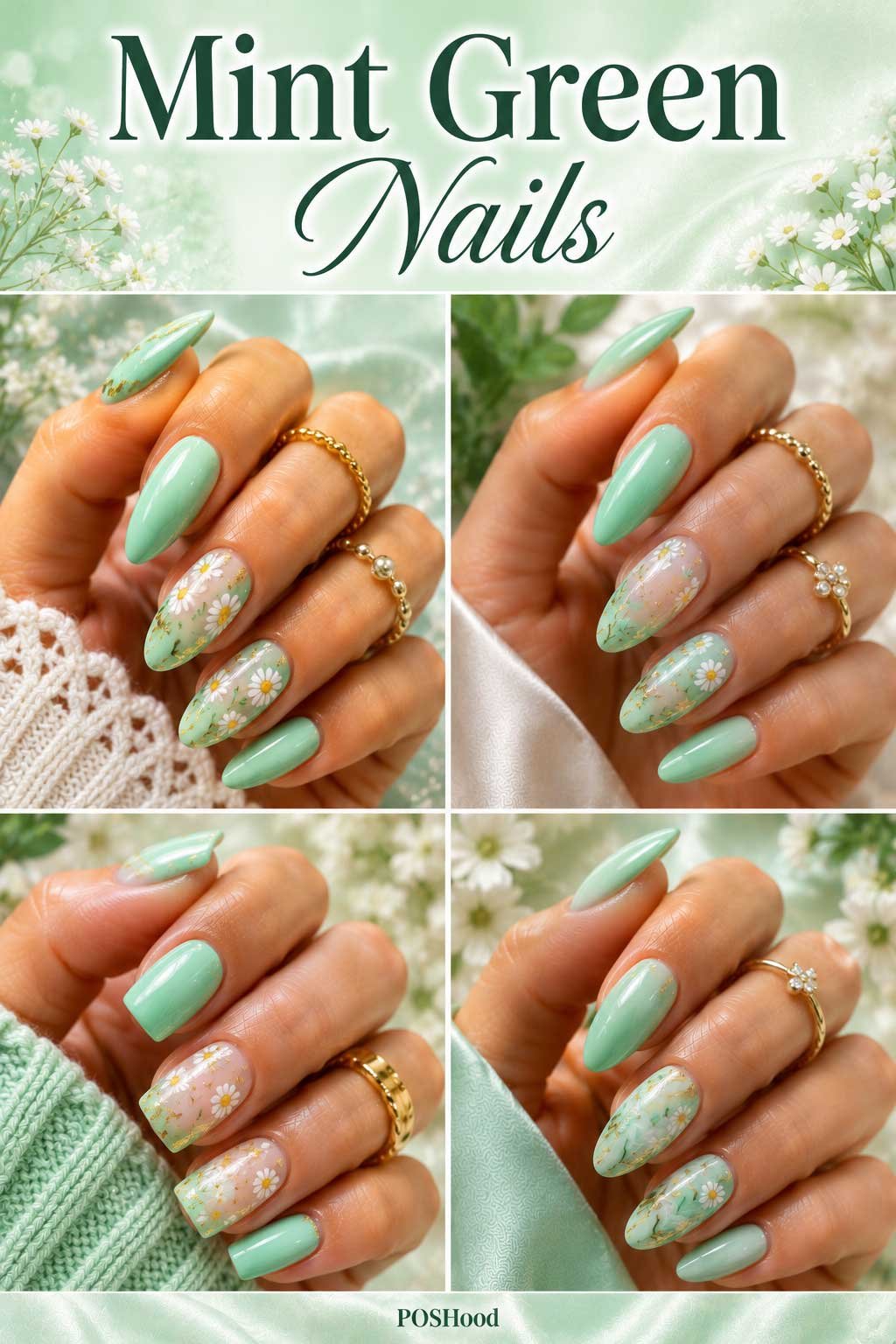 Mint green nails with glossy pastel green polish on elegant almond-shaped nails.