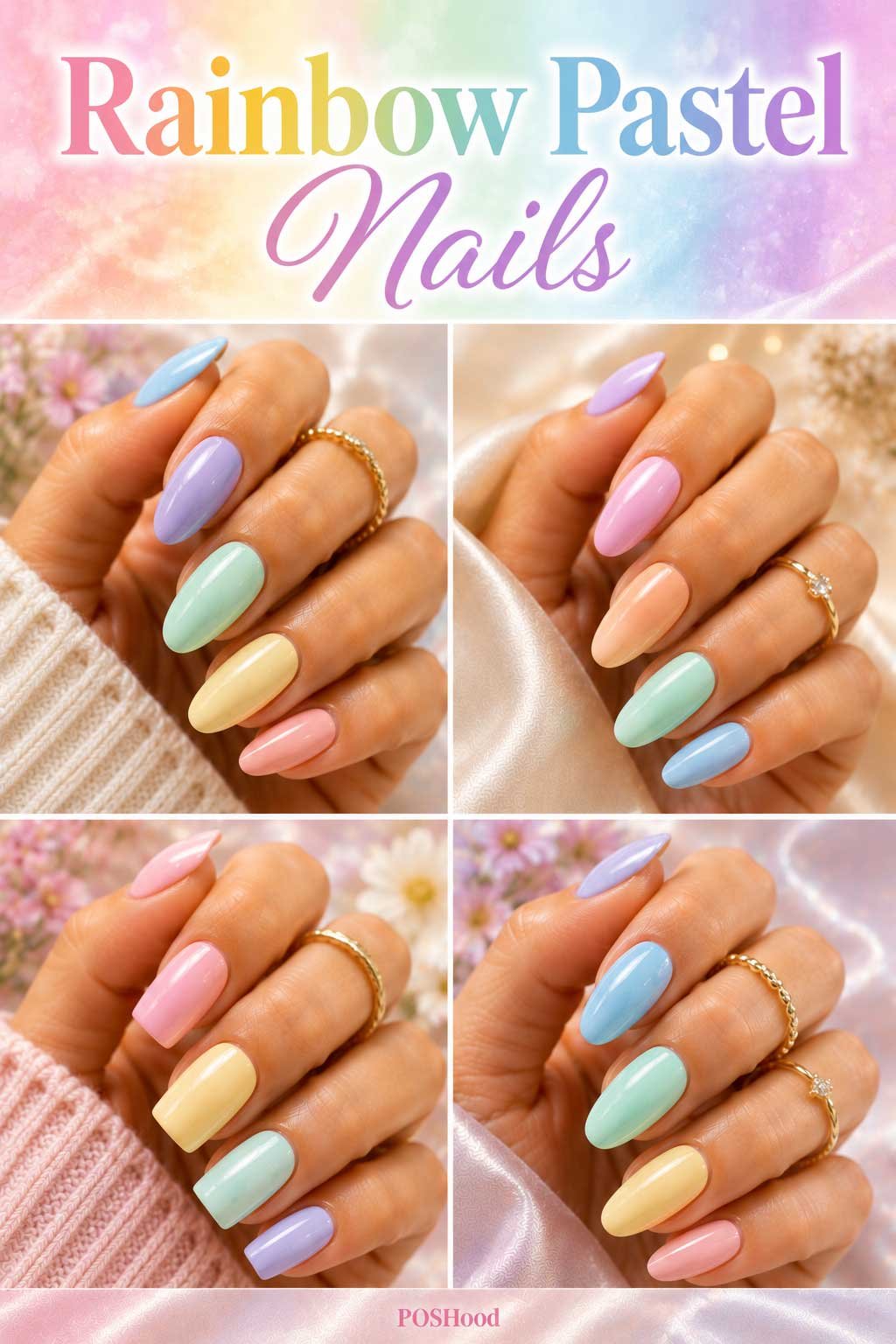 Rainbow pastel nails with soft multicolored glossy polish on almond-shaped summer nails.