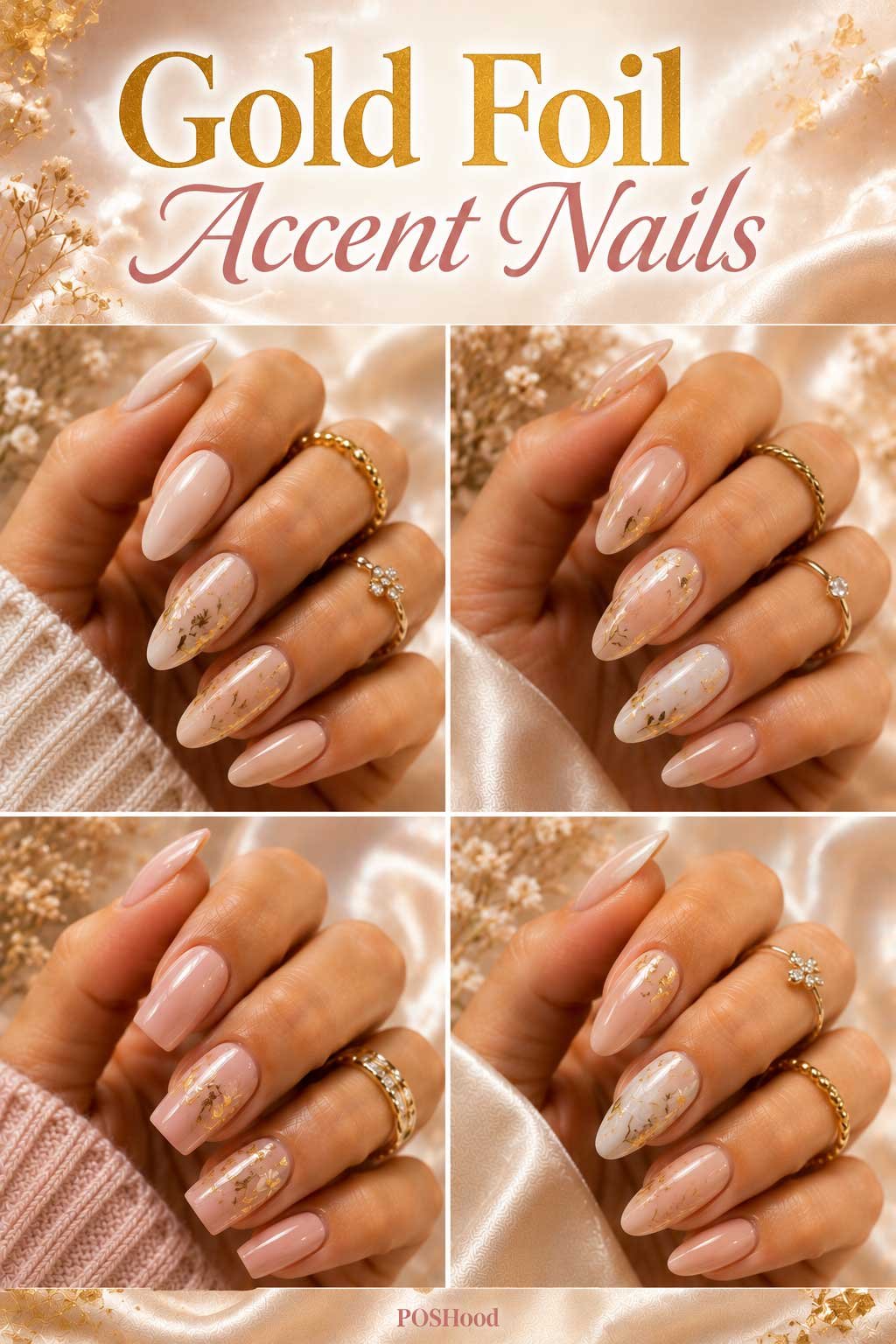 Gold foil accent nails with metallic gold flakes on glossy nude summer manicure.