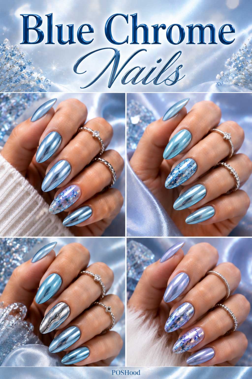 Blue chrome nails with reflective metallic blue finish on glossy almond-shaped summer nails.