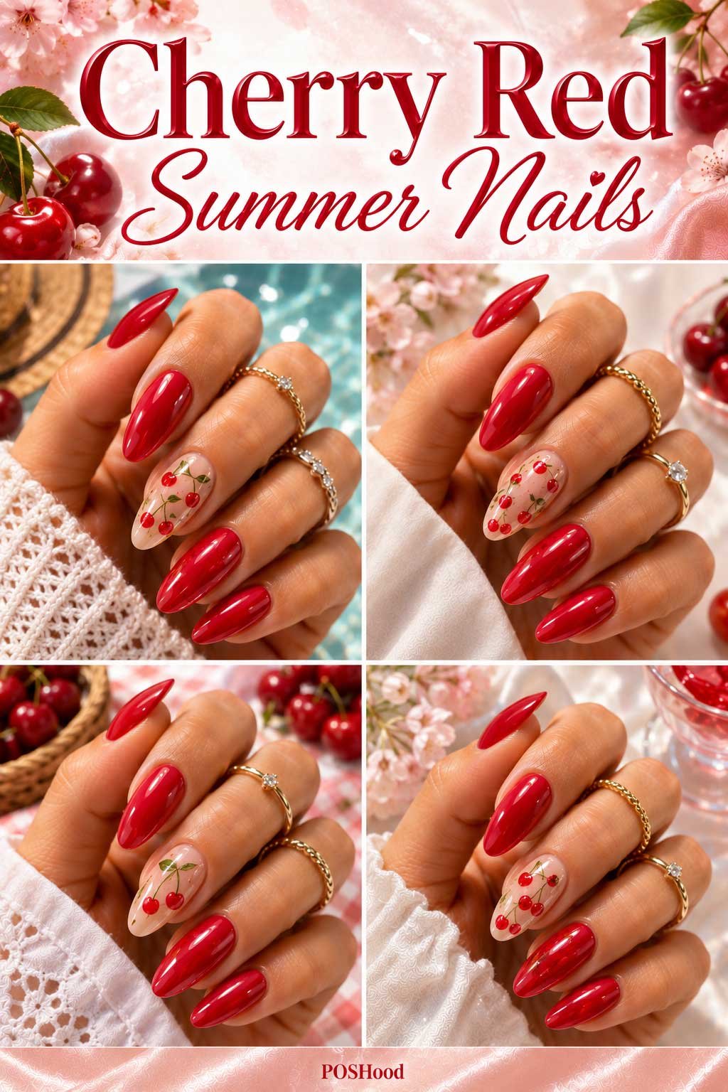 Cherry red summer nails with glossy vibrant red polish on elegant almond-shaped nails.
