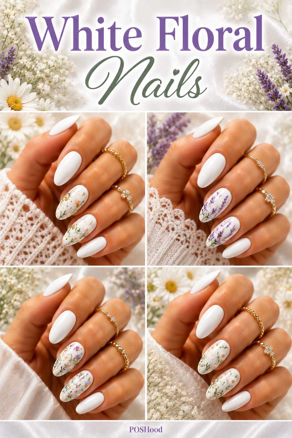 White floral nails with delicate flower nail art on glossy nude summer manicure.