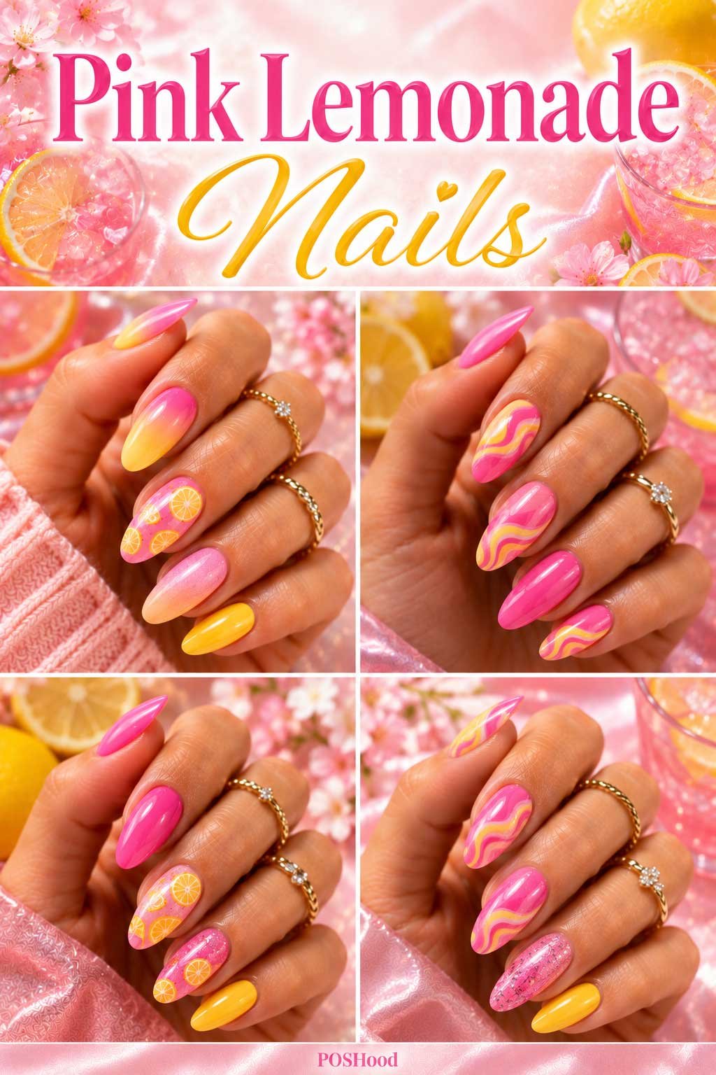 Pink lemonade nails with bright pink and yellow glossy nail art inspired by refreshing summer drinks.