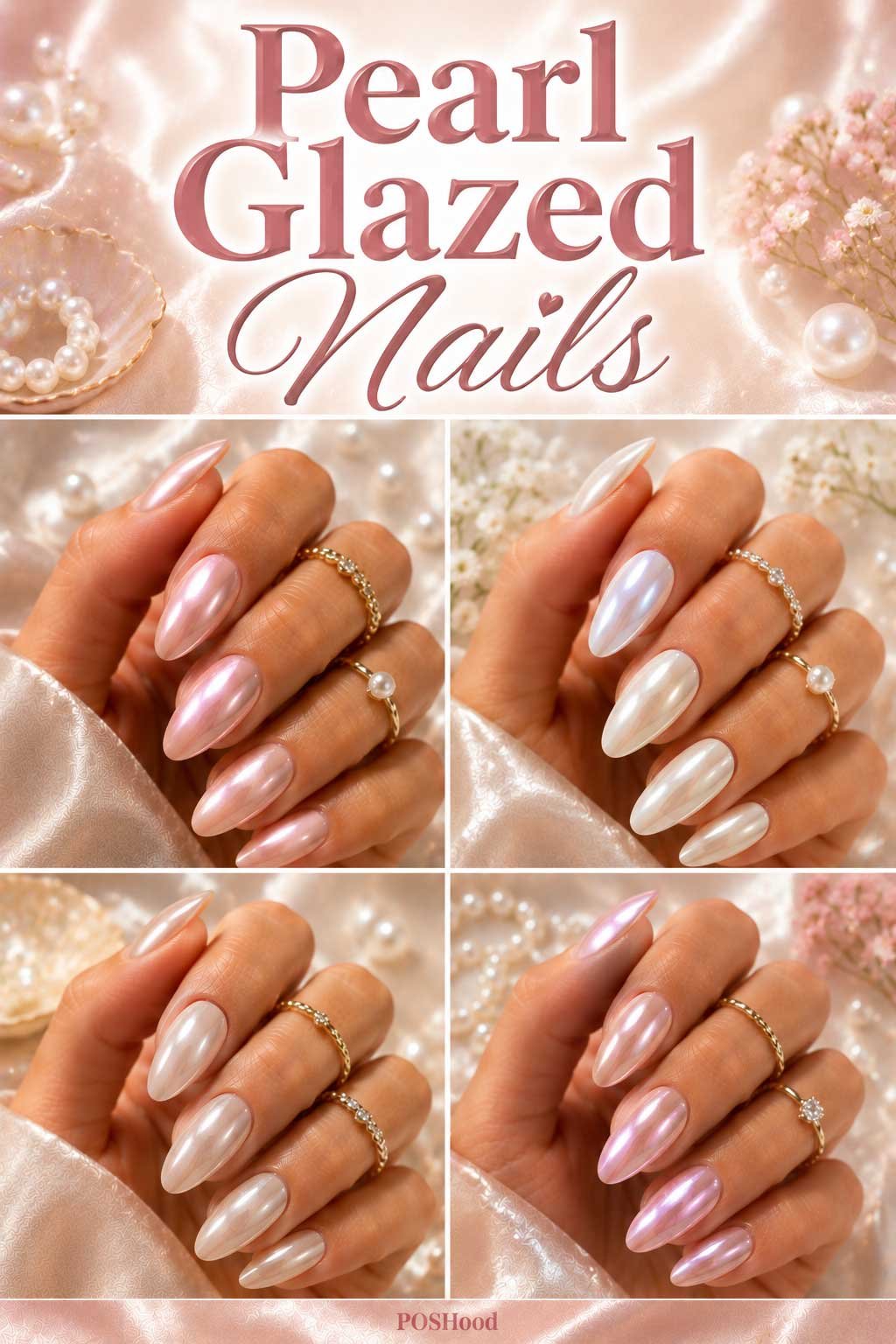Pearl glazed nails with pearly chrome finish and glossy almond-shaped manicure.