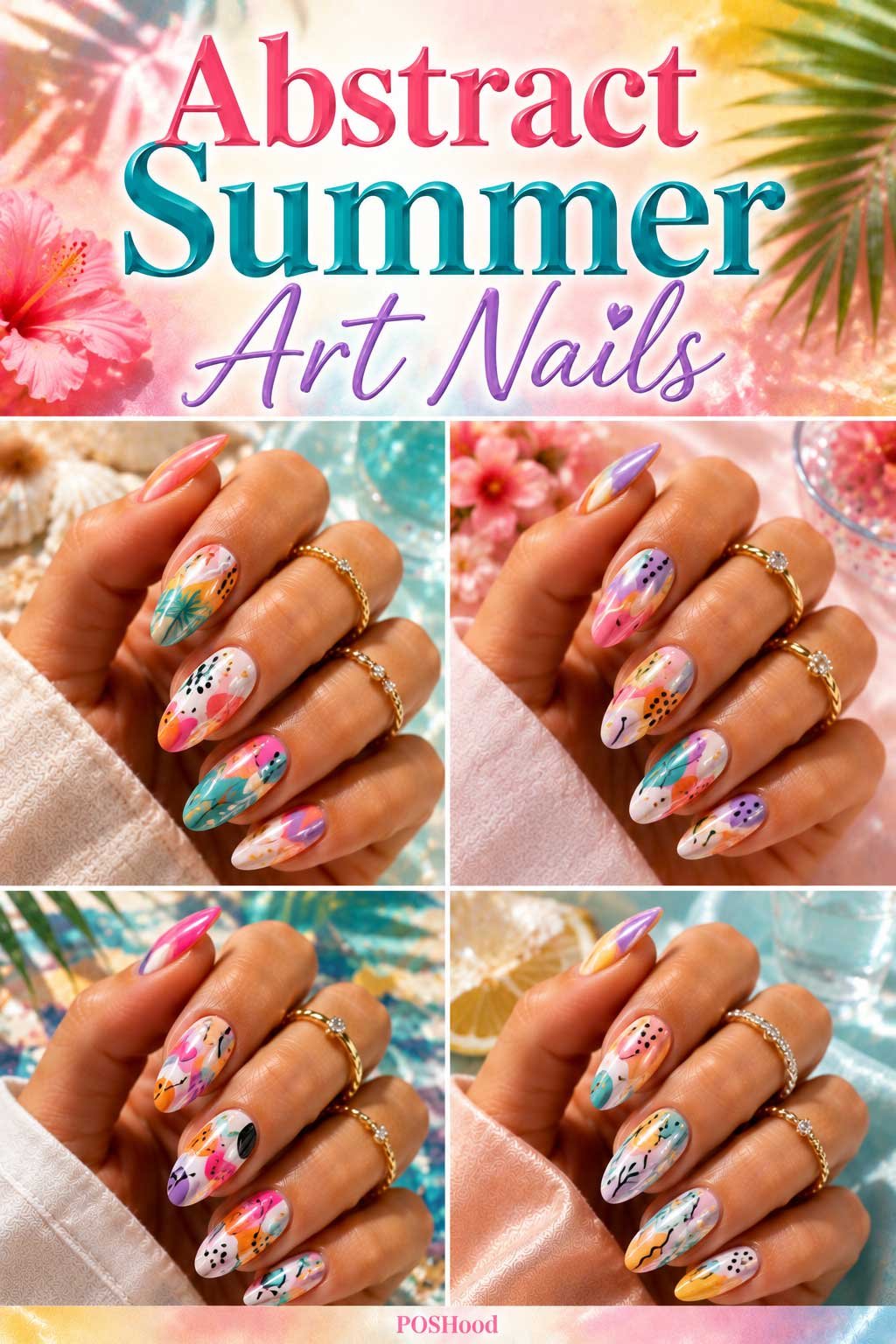 Abstract summer art nails with colorful swirls and artistic glossy nail designs.