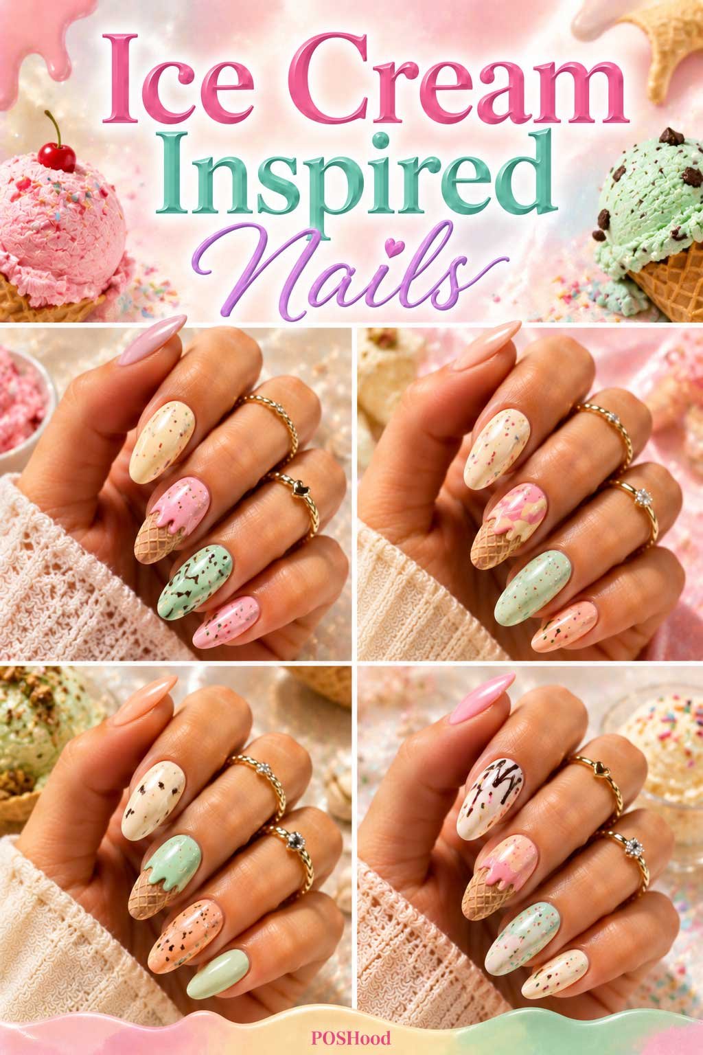 Ice cream inspired nails with pastel colors and cute dessert-themed glossy nail art.