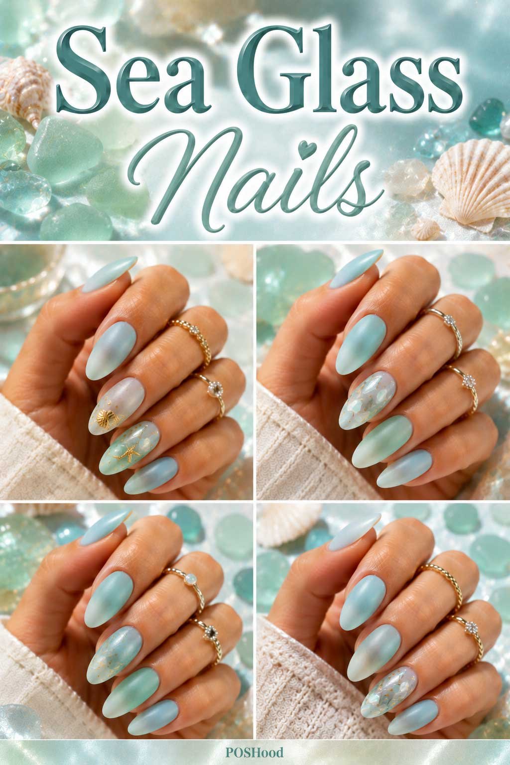 Sea glass nails with frosted blue and green glossy polish inspired by ocean glass.