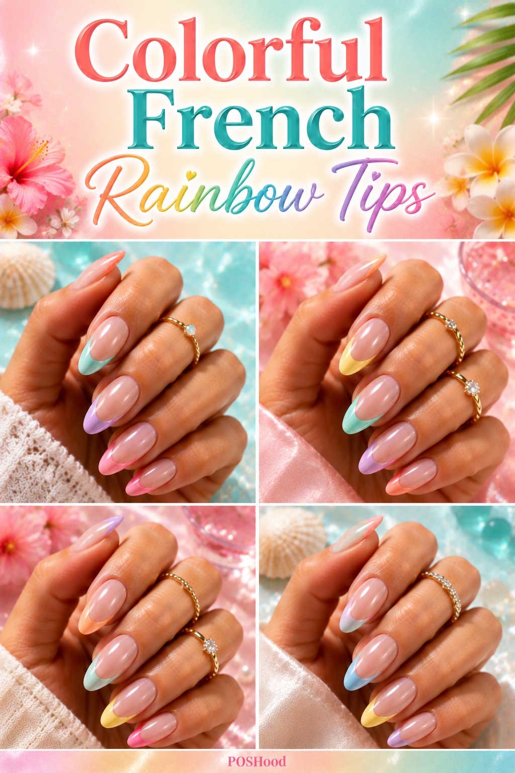 Colorful French rainbow tip nails with bright multicolored glossy tips on nude nails.