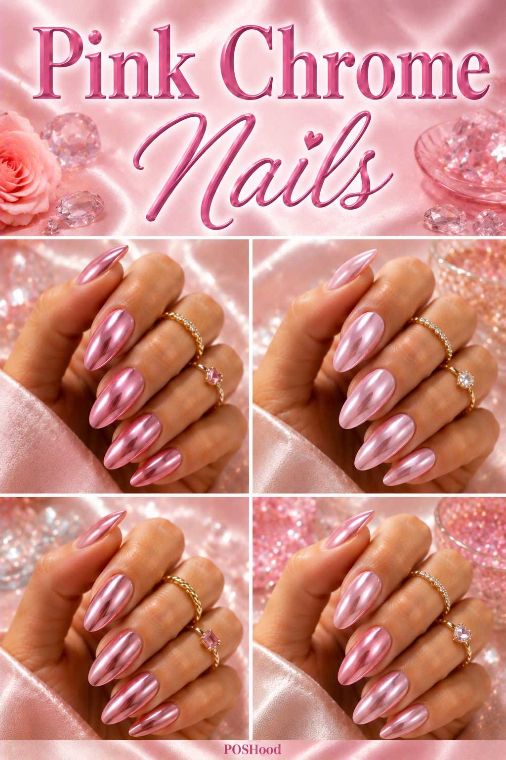 Pink chrome nails with glossy metallic rose pink finish on almond-shaped summer nails.