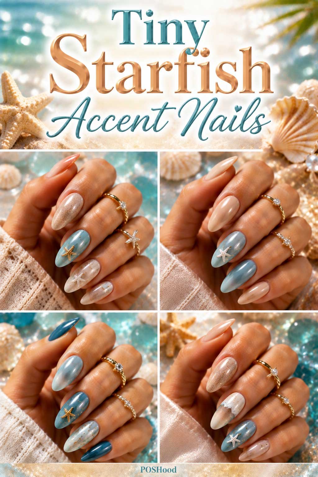 Tiny starfish accent nails with glossy nude polish and delicate beach-inspired nail art.