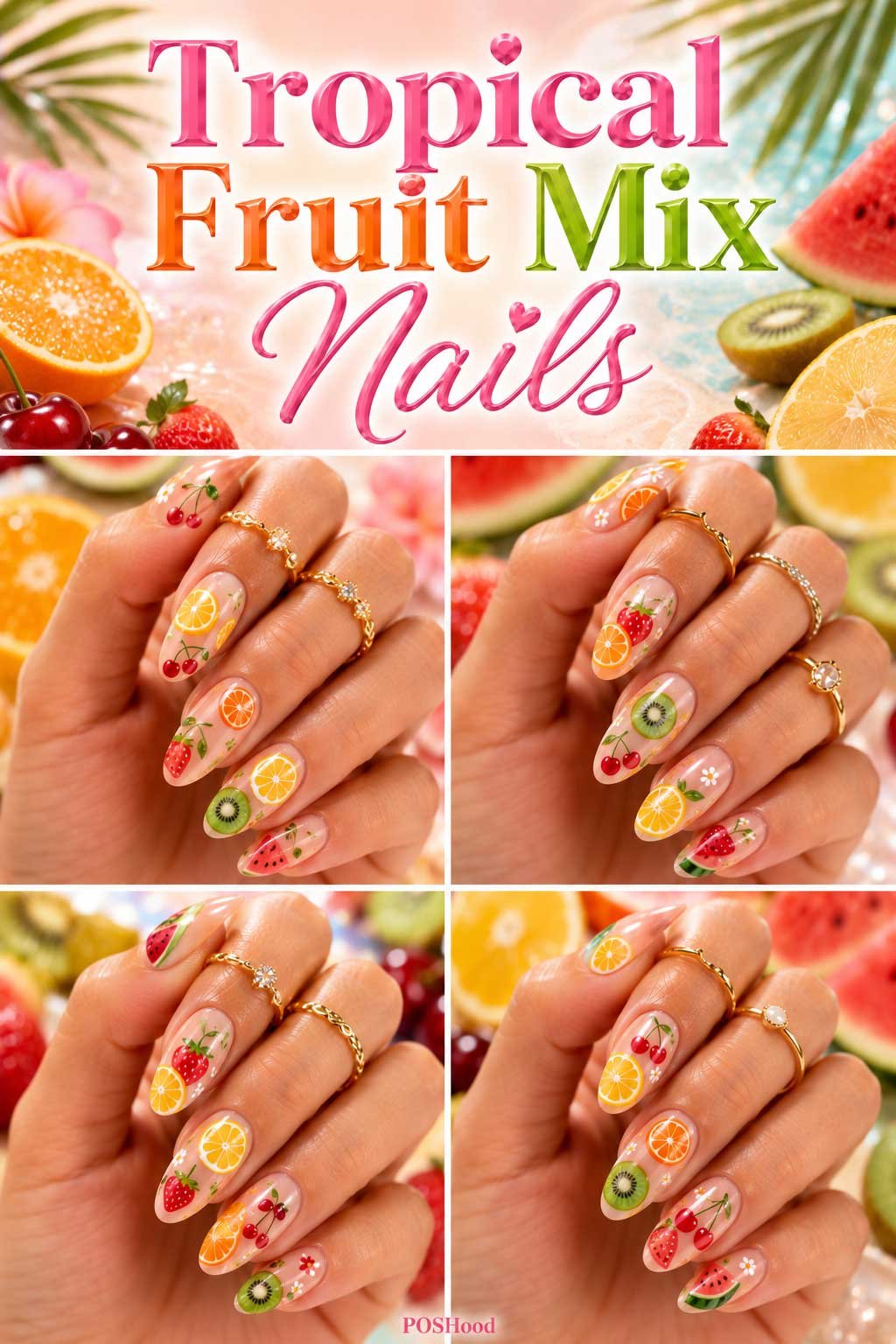 Tropical fruit mix nails with pineapple, watermelon, citrus, and kiwi nail art on glossy nails.
