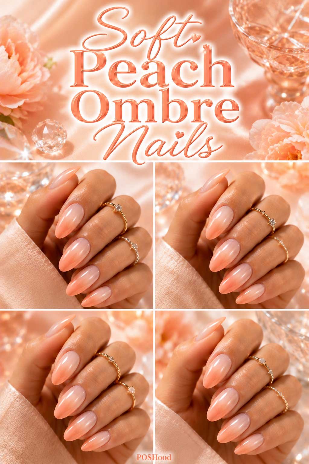 Soft peach ombre nails with glossy peach gradient on almond-shaped summer manicure.