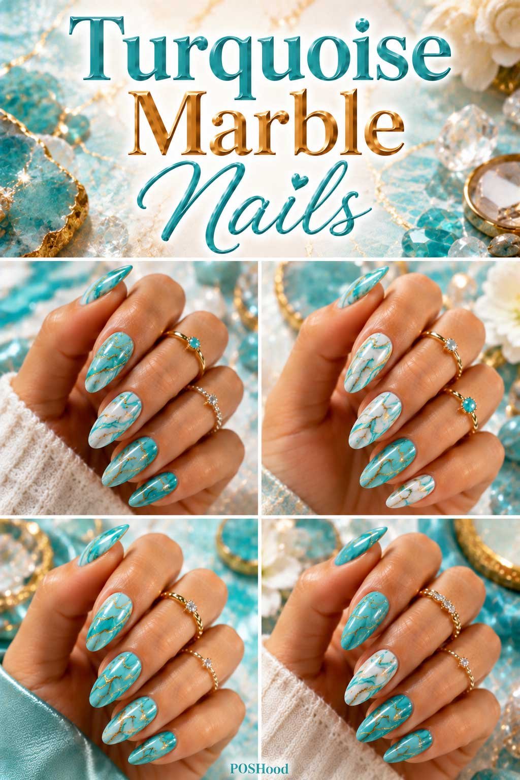 Turquoise marble nails with glossy blue and green marble effect on elegant summer manicure.