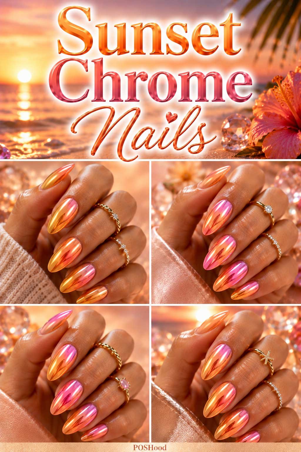 Sunset chrome nails with glossy metallic coral, peach, and gold finish inspired by summer sunsets.