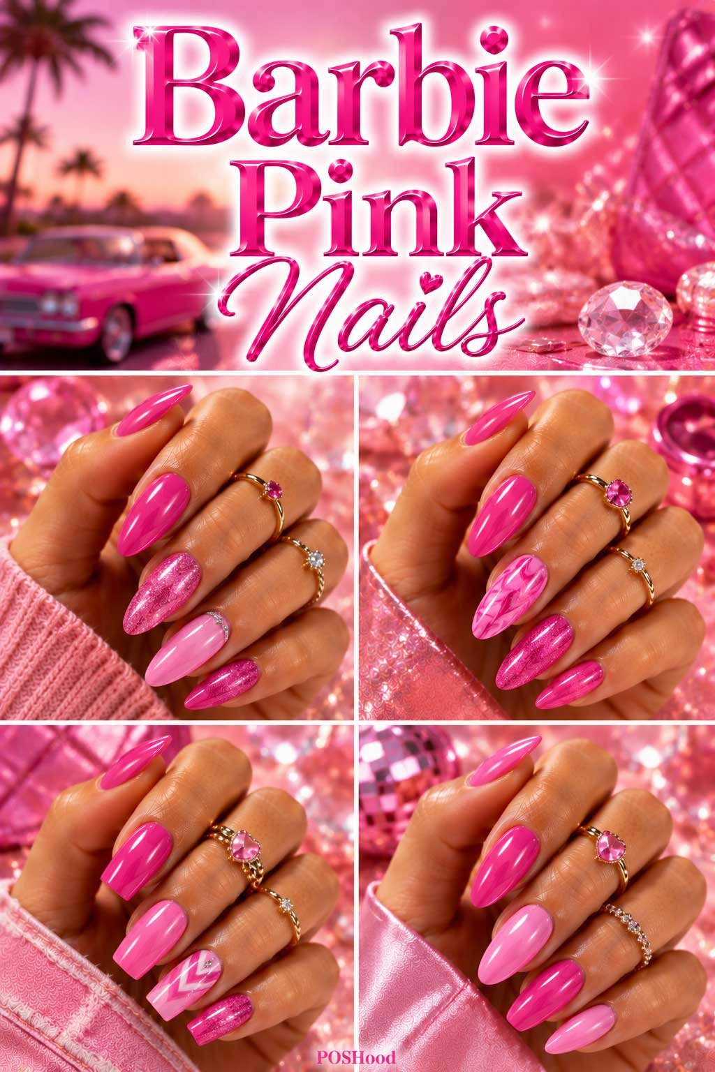 Barbie pink nails with vibrant glossy pink polish on almond-shaped summer nails.