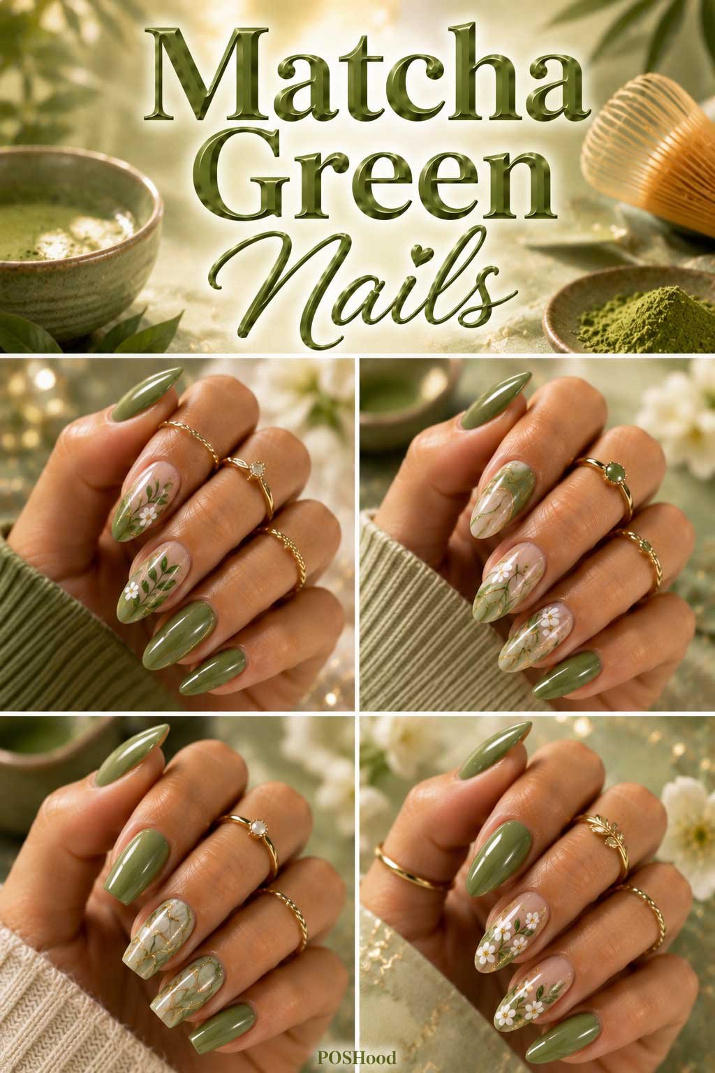 Matcha green nails with glossy soft green polish on elegant almond-shaped summer manicure.
