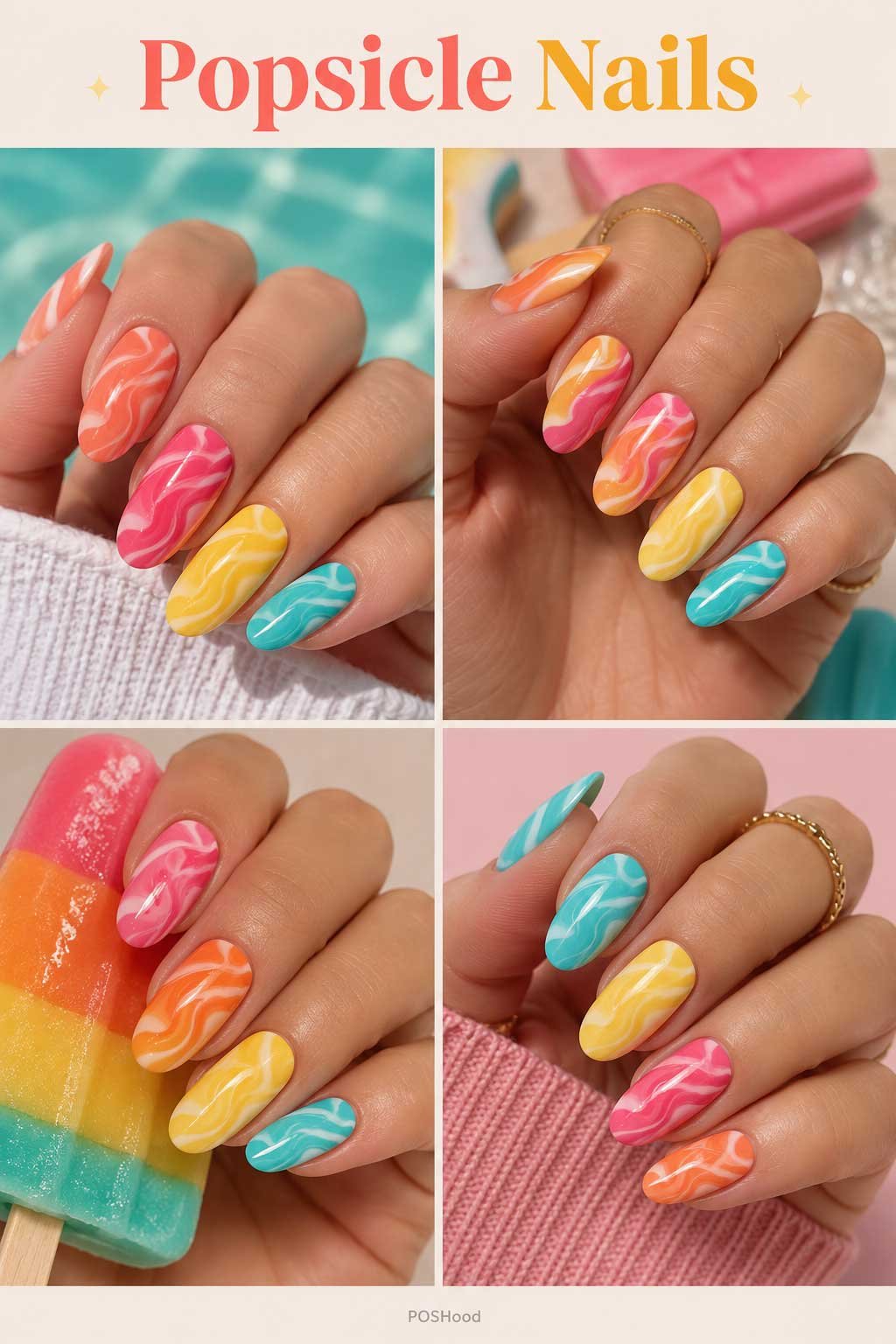 Popsicle nails with colorful coral, pink, yellow, and turquoise swirls on glossy summer nails.