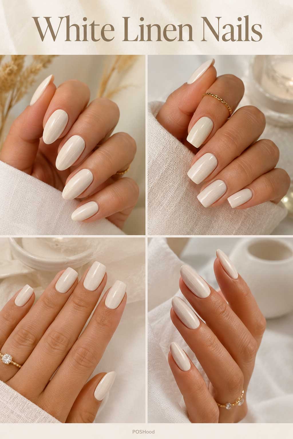 White linen nails with creamy ivory glossy polish on almond and square-shaped summer nails.