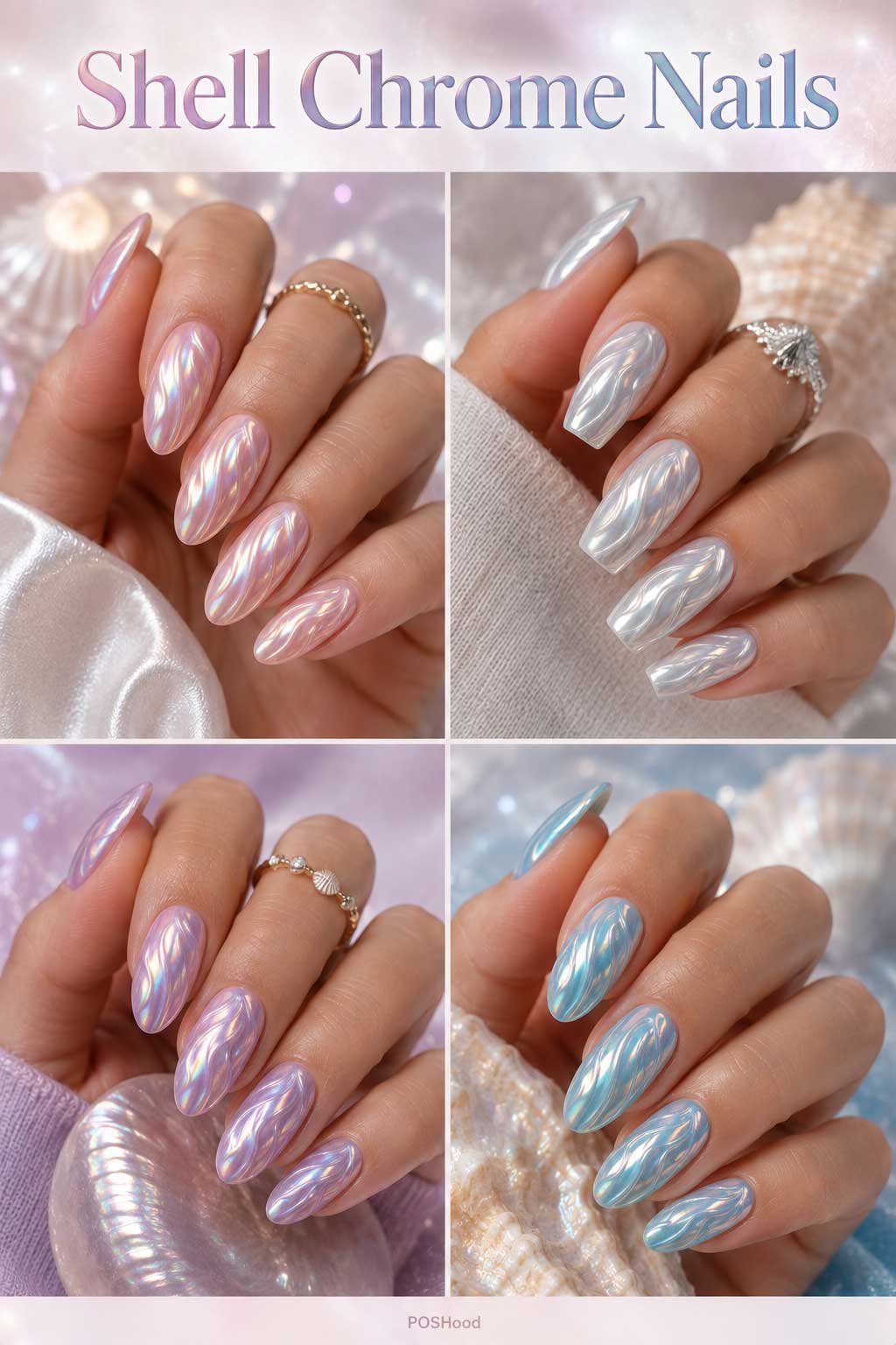 Shell chrome nails with pearly pink, silver, and blue iridescent finish on glossy summer manicure.