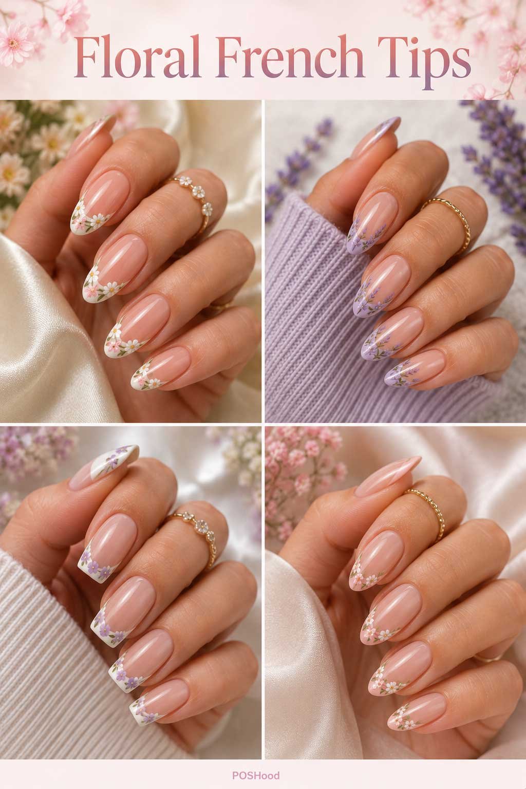 Floral French tip nails with delicate daisies and tiny blossoms on glossy nude nails.