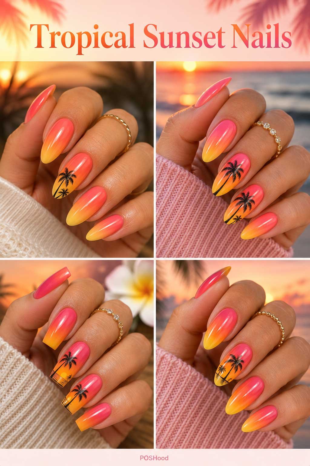 Tropical sunset nails with coral, orange, and pink gradient featuring palm tree accents on glossy nails.